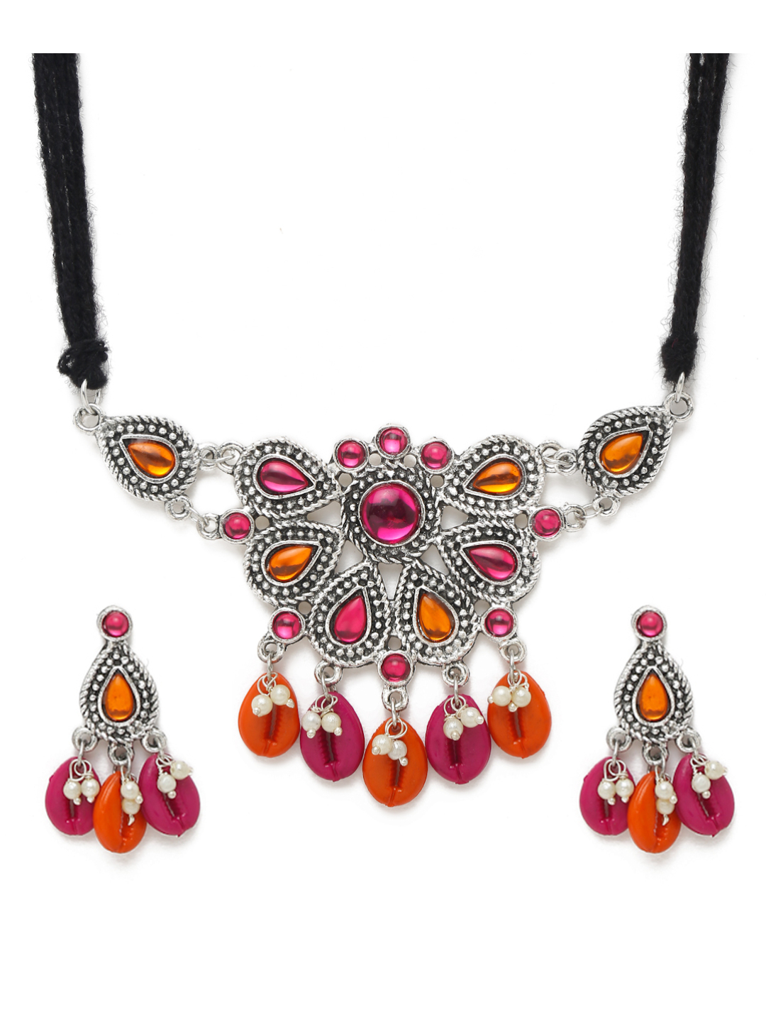 YouBella Jewellery Oxidised Silver Necklace Jewellery Set with Earrings for Girls and Women (Multi) (YBNK_50520)